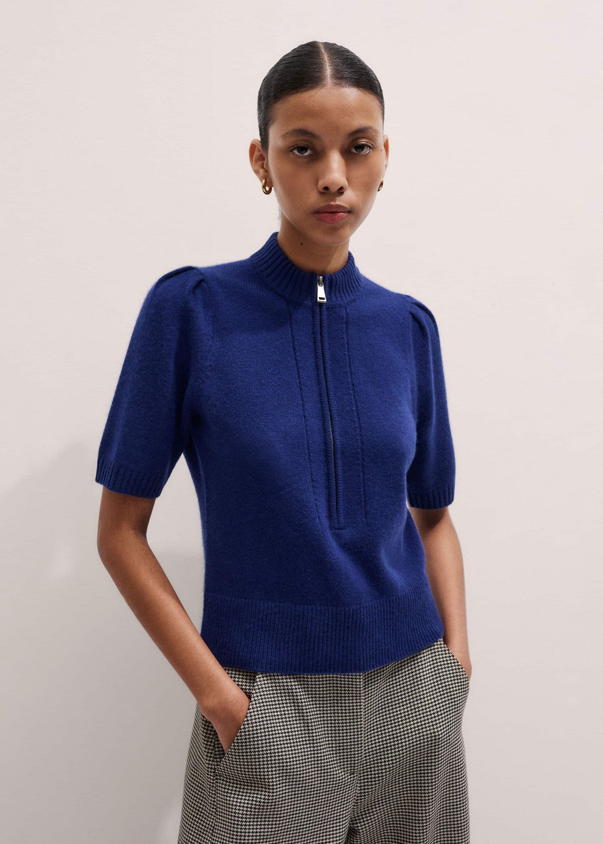 Blue Cashmere Zip Neck Pouf Sleeve Knit Tee | ME+EM Clothing