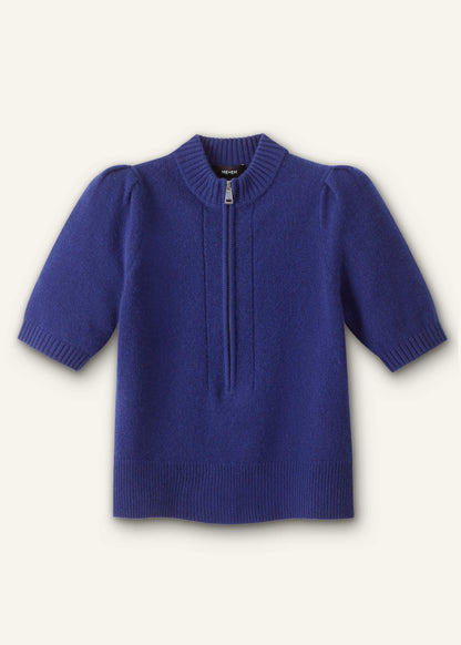 Blue Cashmere Zip Neck Pouf Sleeve Knit Tee | ME+EM Clothing