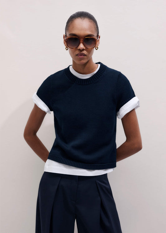 Navy Shrunken Straight Knit Baby Tee | ME+EM Clothing