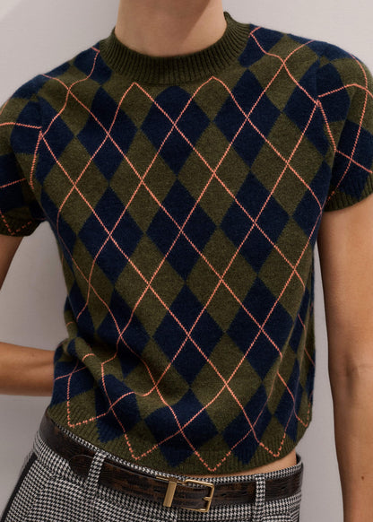 Olive Green Cashmere Argyle Knit Baby Tee | ME+EM Clothing