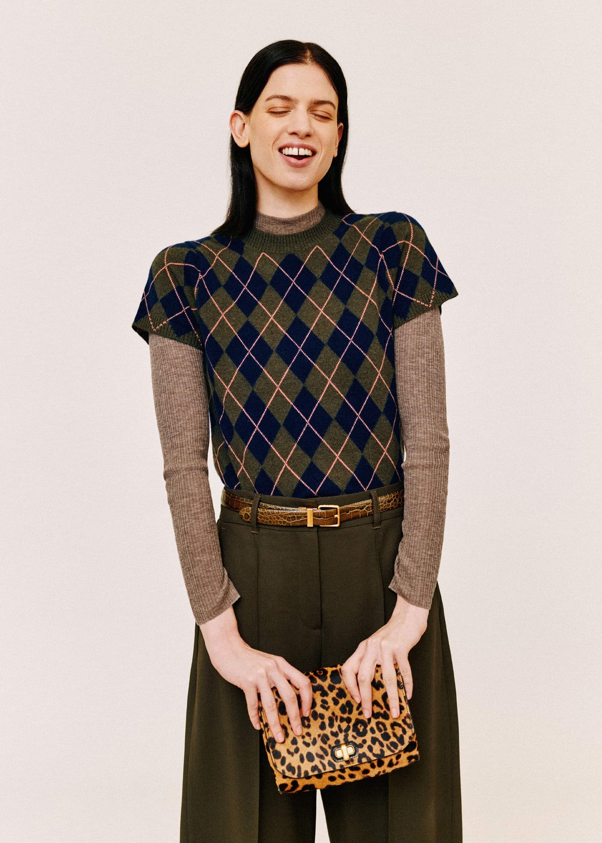 Olive Green Cashmere Argyle Knit Baby Tee | ME+EM Clothing