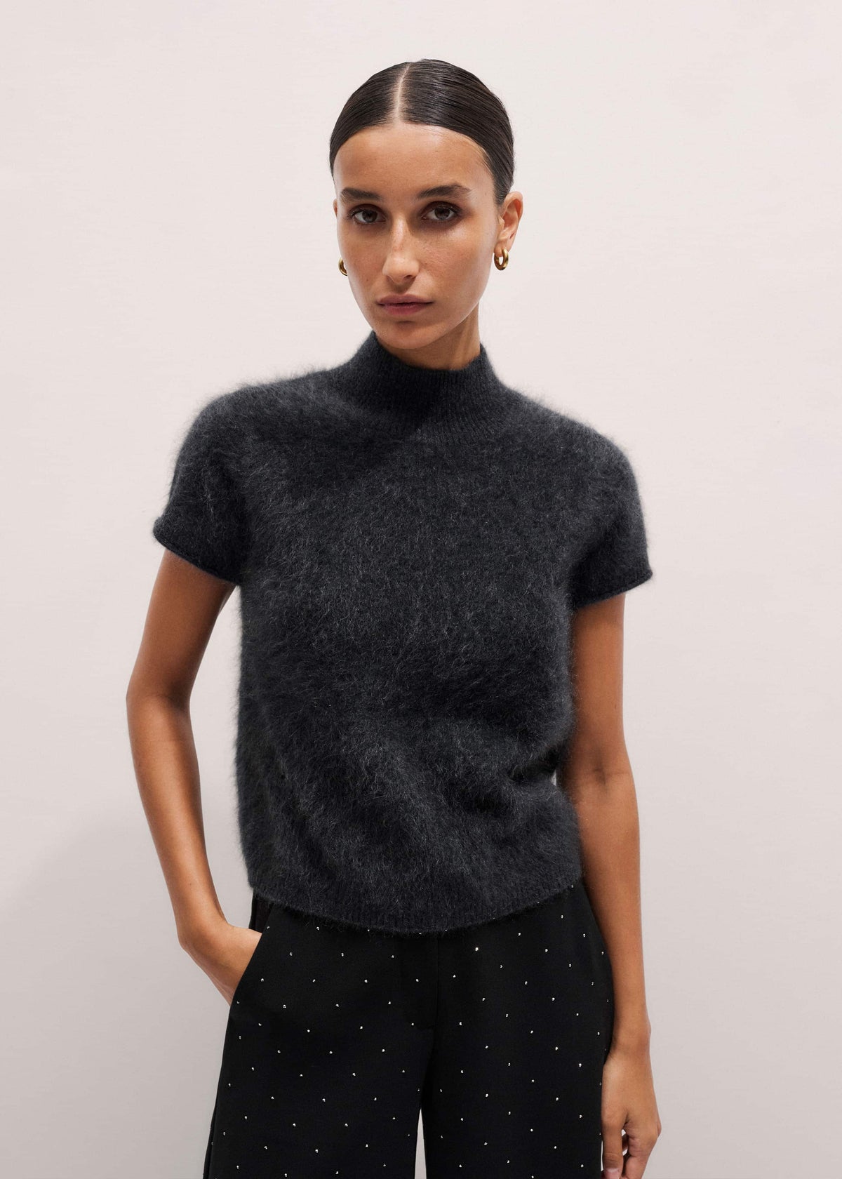 Gray Brushed Cashmere High Neck Baby Tee | ME+EM Clothing