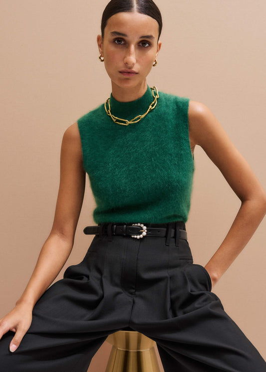 Green Brushed Cashmere High Neck Slim Sweater Vest | ME+EM Clothing
