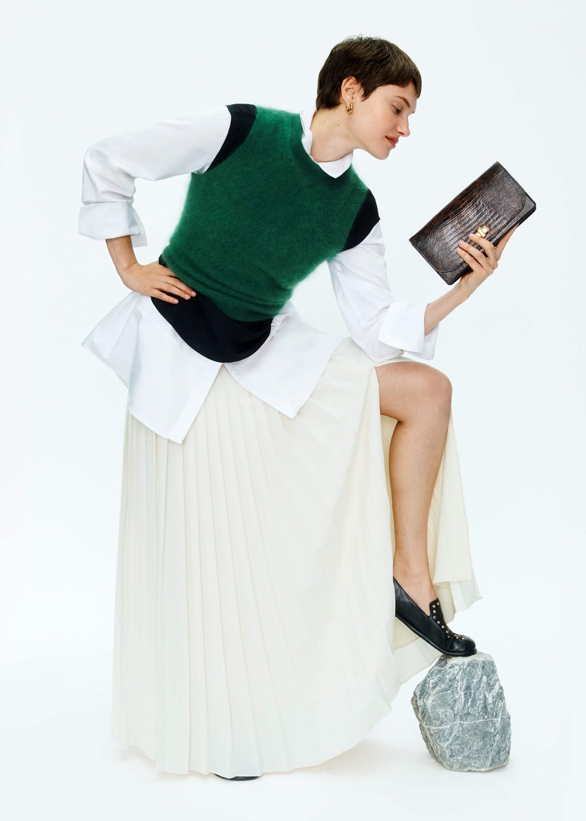 Green Brushed Cashmere High Neck Slim Sweater Vest | ME+EM Clothing