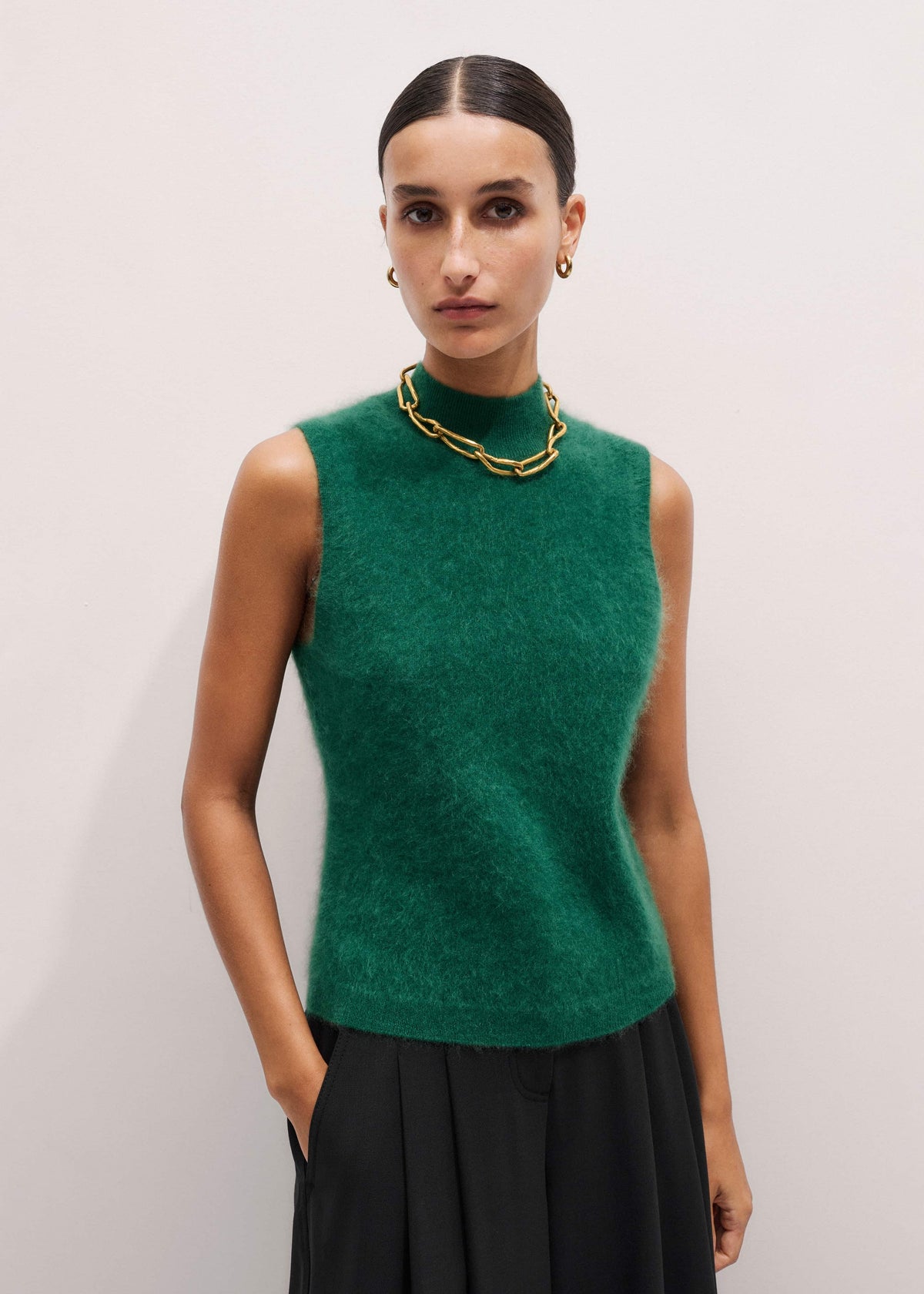 Green Brushed Cashmere High Neck Slim Sweater Vest | ME+EM Clothing