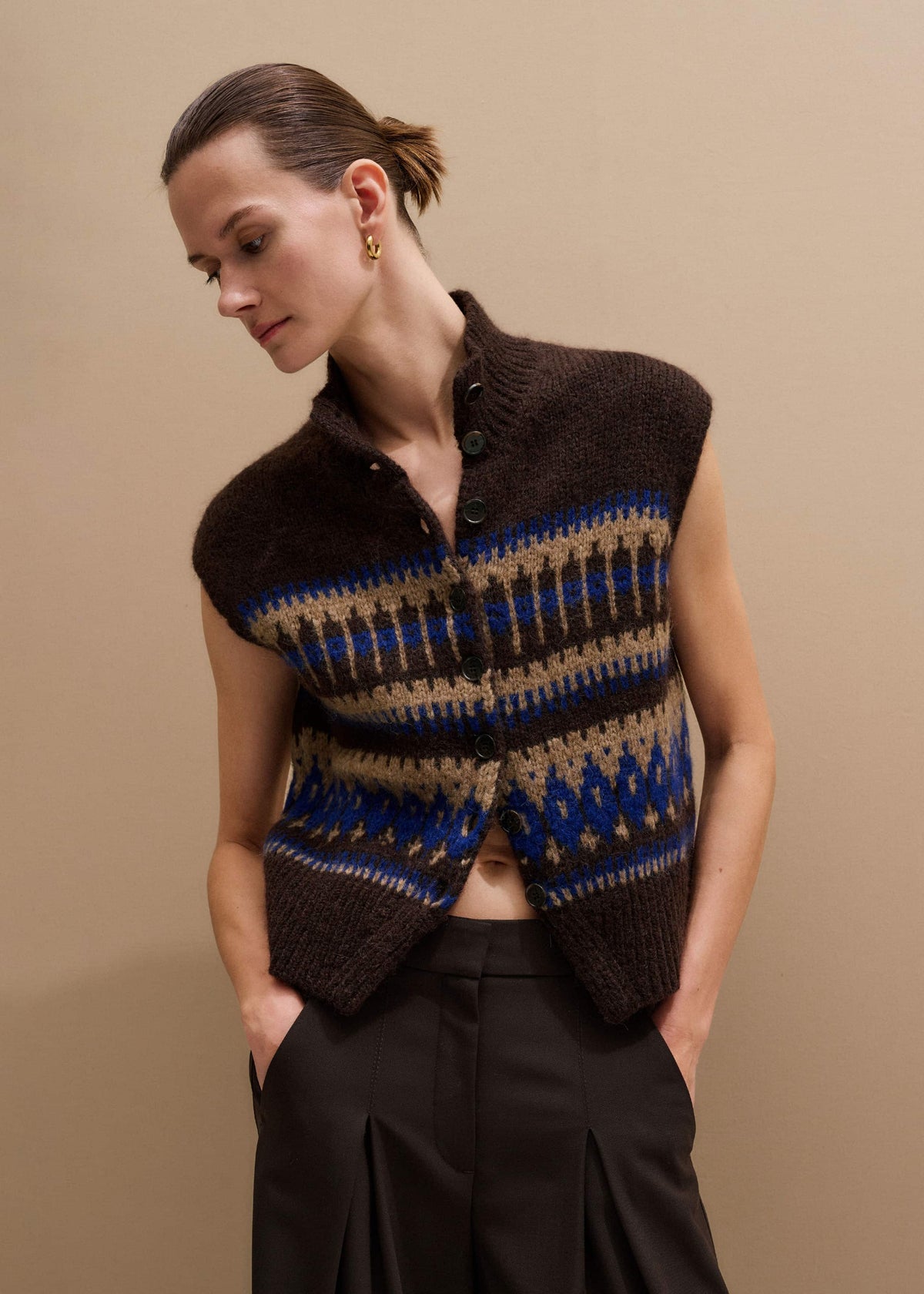 Brown Button-Through Relaxed Jacquard Vest | ME+EM Clothing