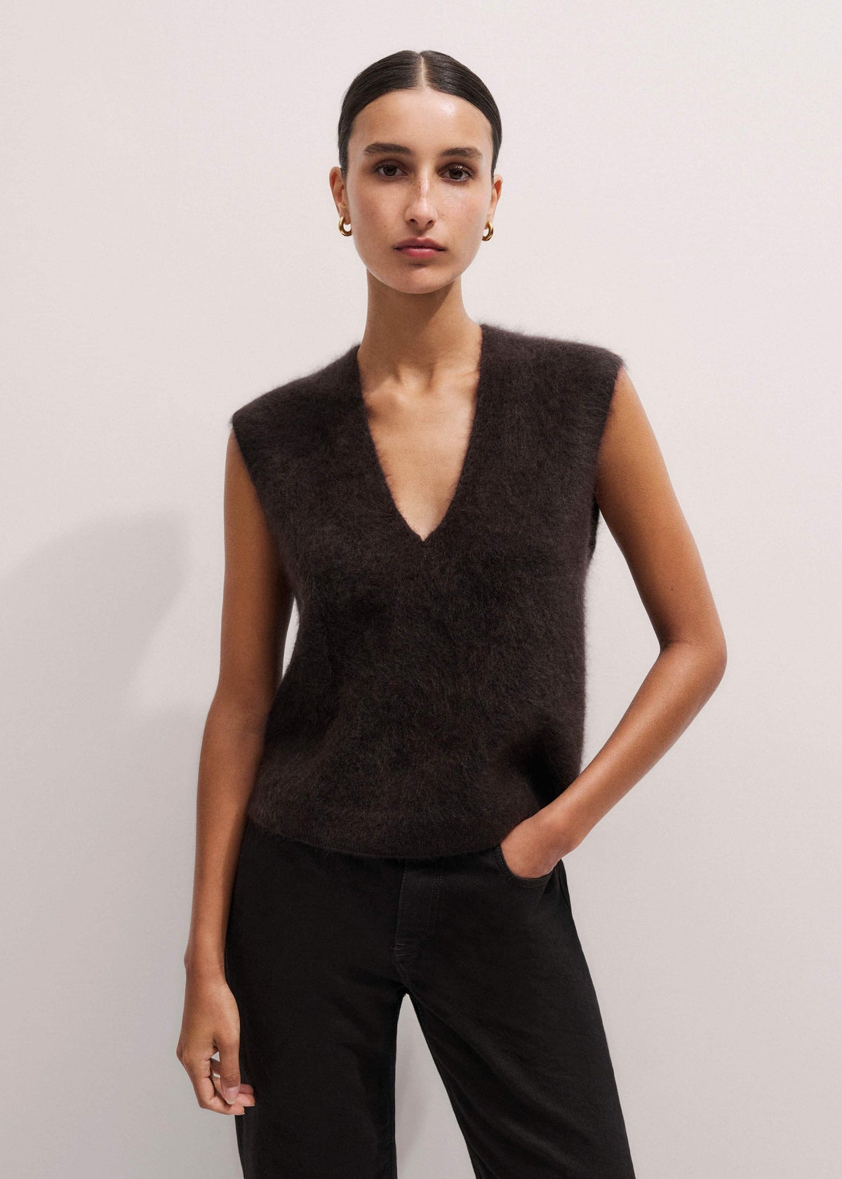 Brown Brushed Cashmere V-Neck Sweater Vest | ME+EM Clothing