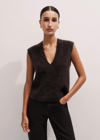 Brown Brushed Cashmere V-Neck Sweater Vest | ME+EM Clothing