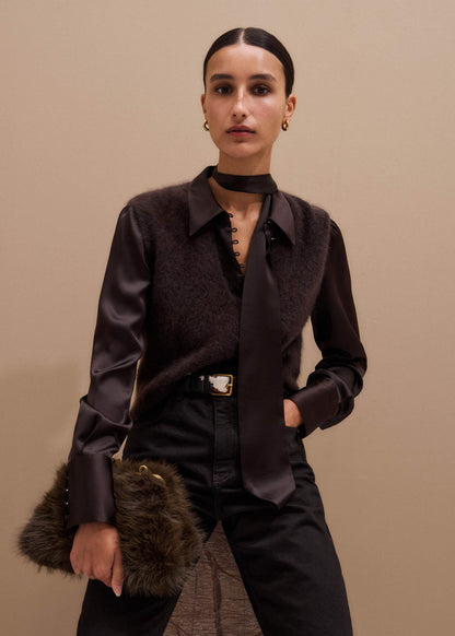 Brown Brushed Cashmere V-Neck Sweater Vest | ME+EM Clothing