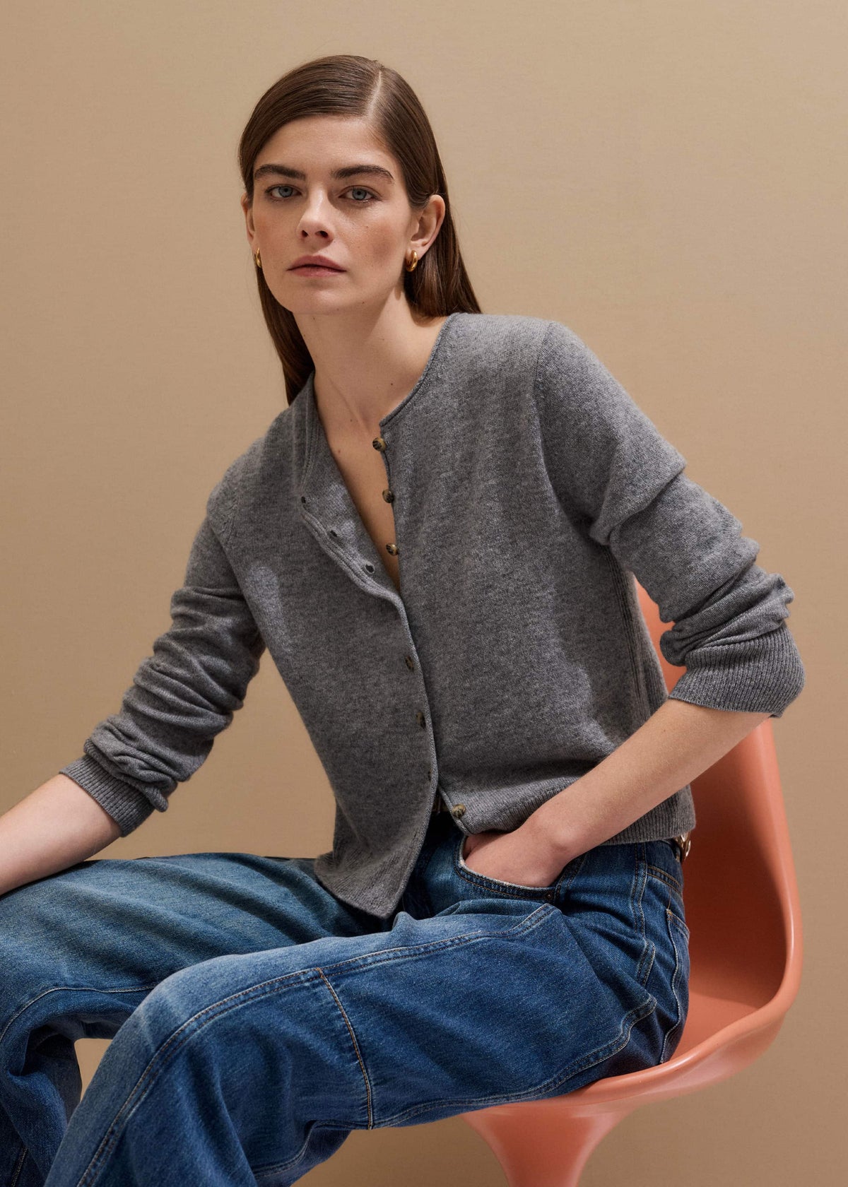 Gray Cashmere Roll Trim Straight Cardigan | ME+EM Clothing
