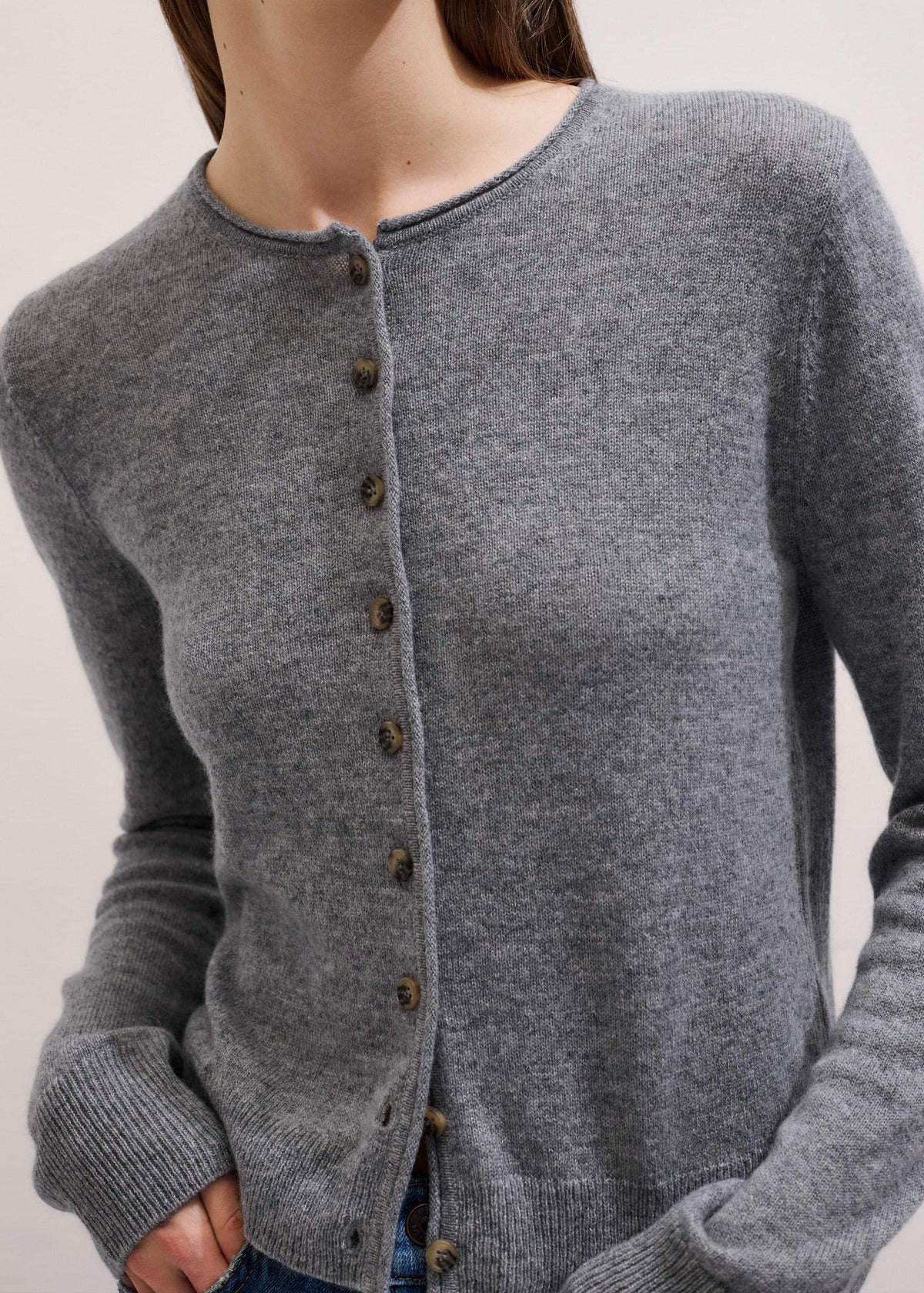 Gray Cashmere Roll Trim Straight Cardigan | ME+EM Clothing