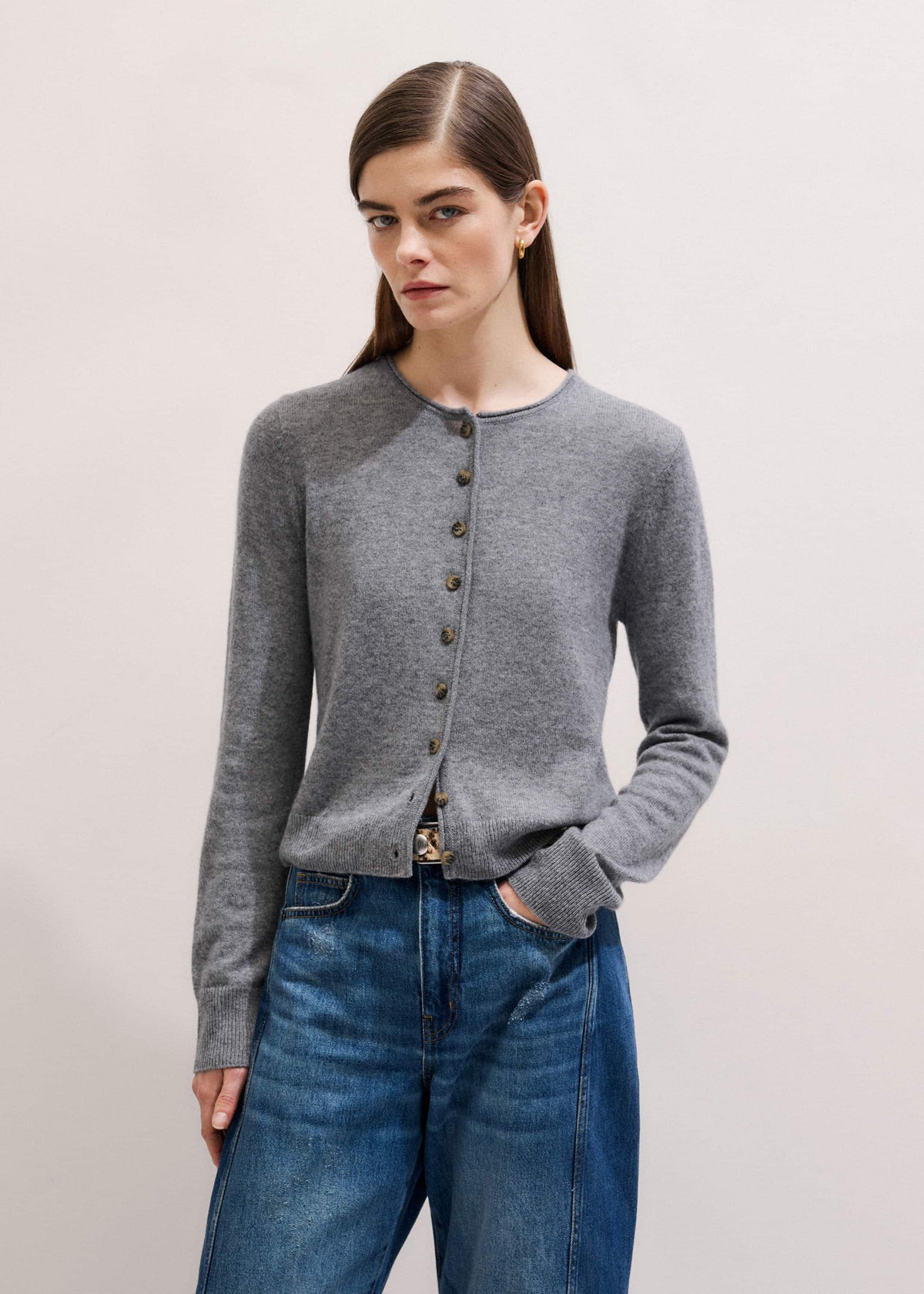 Gray Cashmere Roll Trim Straight Cardigan | ME+EM Clothing