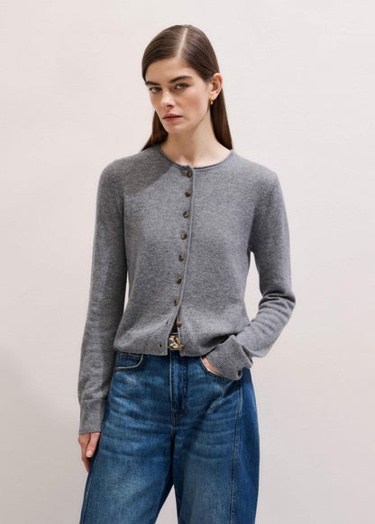 Gray Cashmere Roll Trim Straight Cardigan | ME+EM Clothing