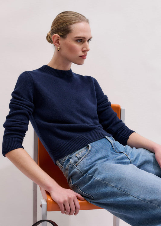 Navy Cashmere Crew Neck Crop Sweater | ME+EM Clothing