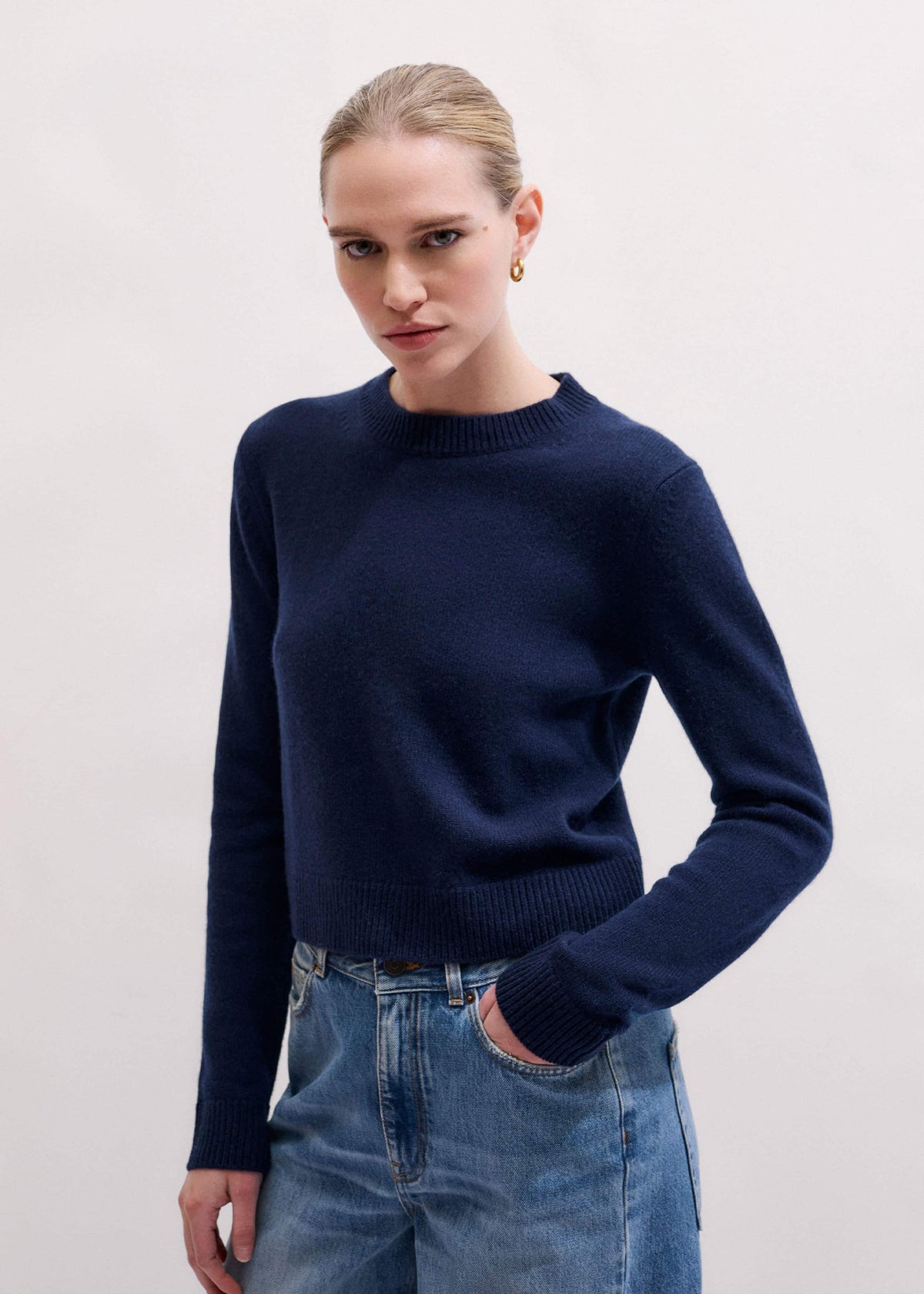 Navy Cashmere Crew Neck Crop Sweater | ME+EM Clothing