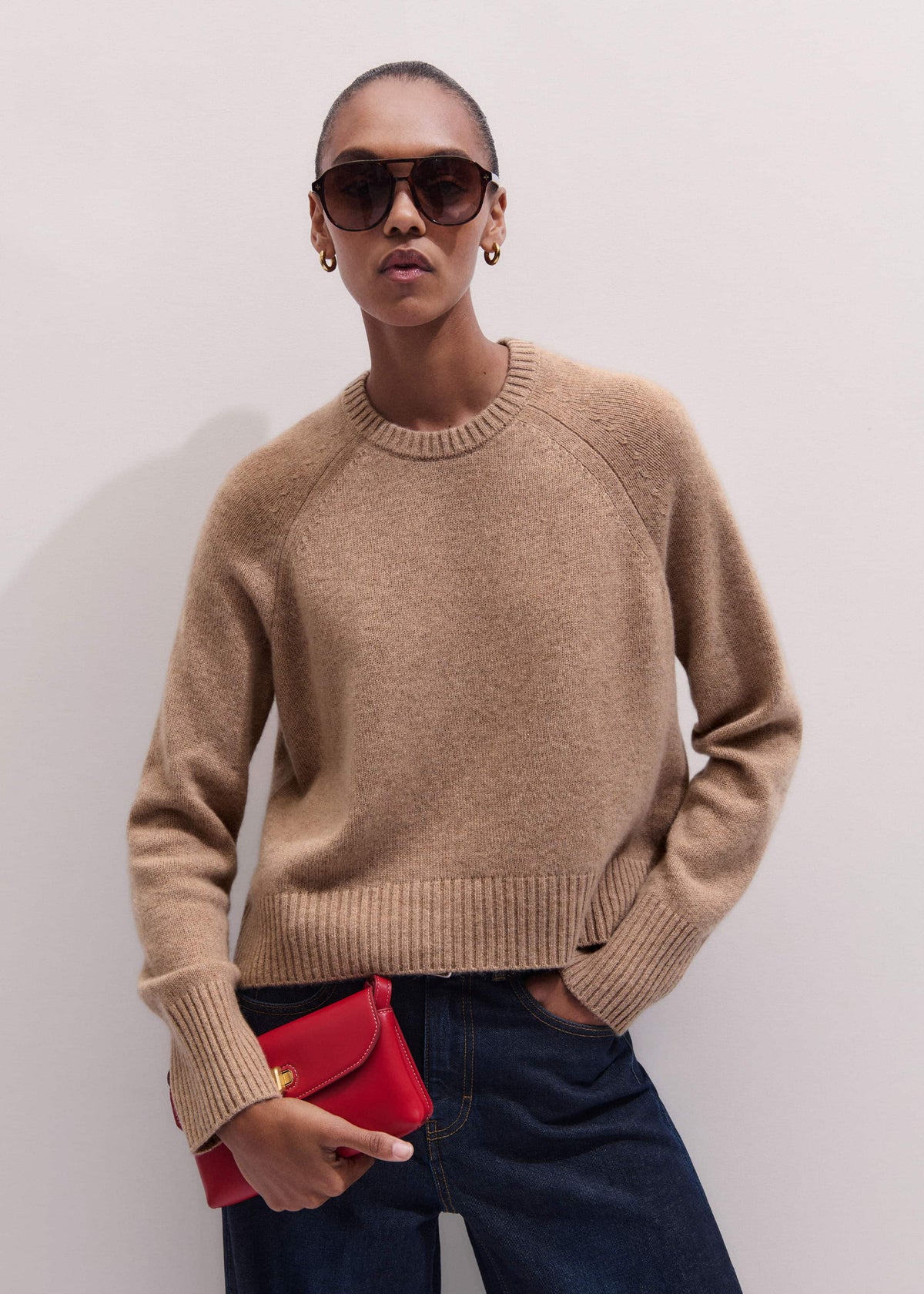 Brown Cashmere Curved Hem Raglan Sweater + Snood | ME+EM Clothing