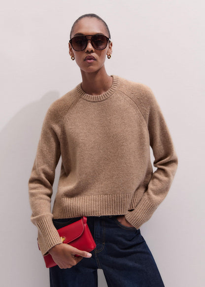 Brown Cashmere Curved Hem Raglan Sweater + Snood | ME+EM Clothing