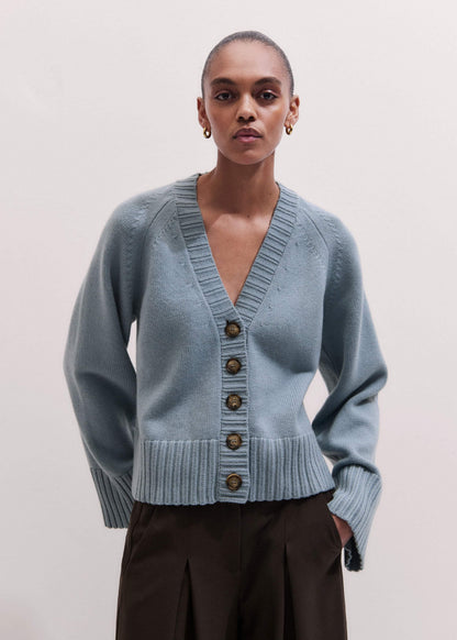 Blue V-Neck Relaxed Raglan Cardigan | ME+EM Clothing