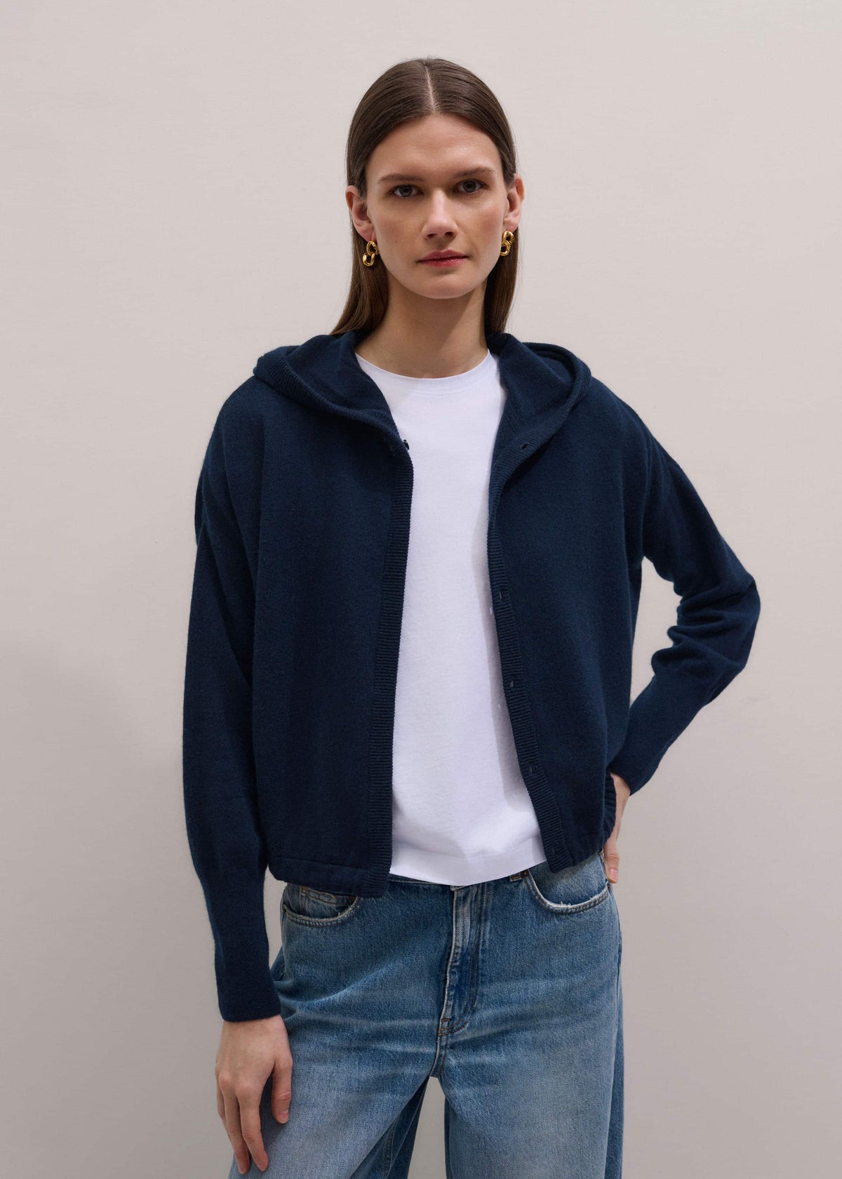 Dark Navy Cashmere Drop Shoulder Box Crop Hoodie | ME+EM Clothing