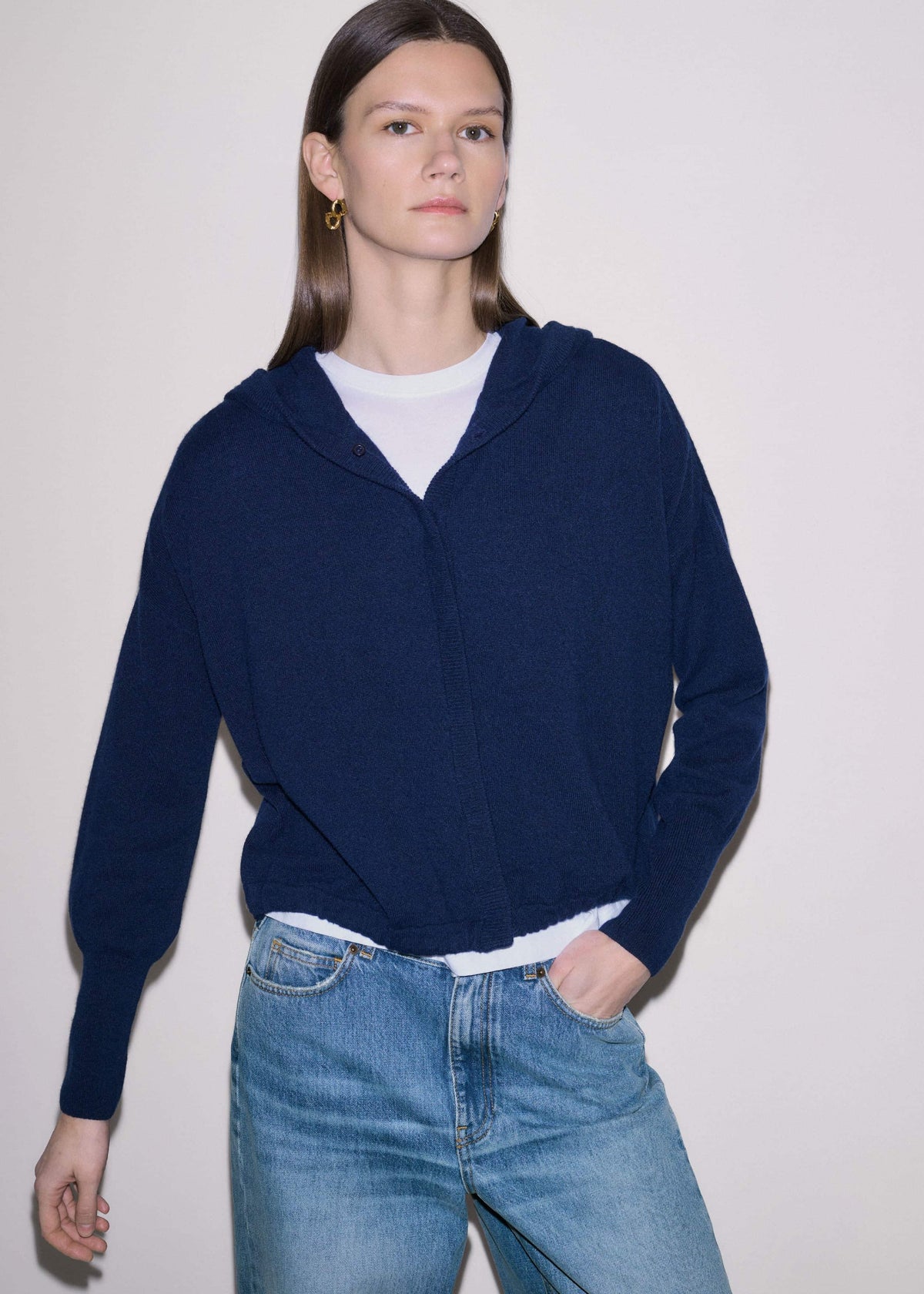 Dark Navy Cashmere Drop Shoulder Box Crop Hoodie | ME+EM Clothing