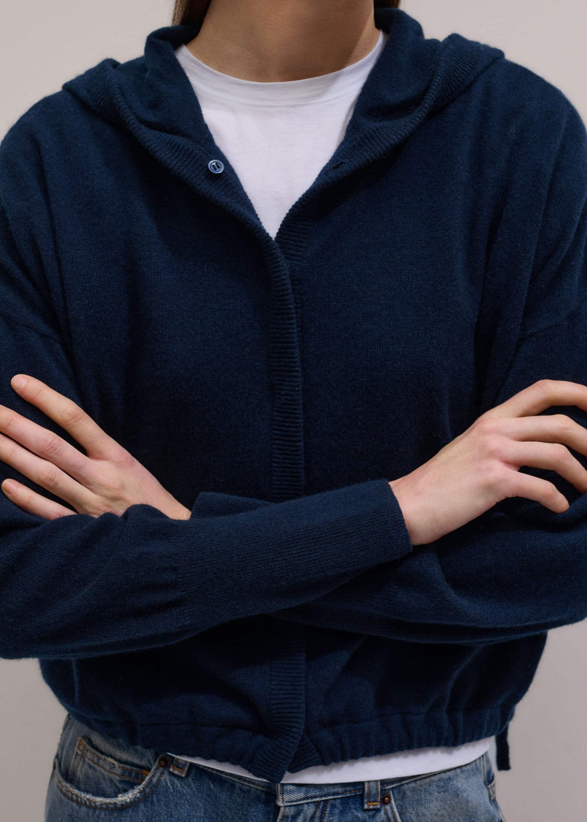 Dark Navy Cashmere Drop Shoulder Box Crop Hoodie | ME+EM Clothing