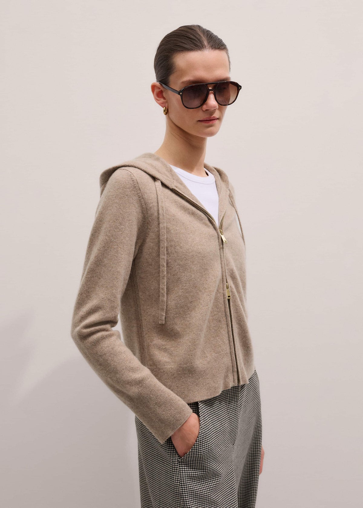 Light Brown Cashmere Two-Way Zip Straight Hoodie | ME+EM Clothing