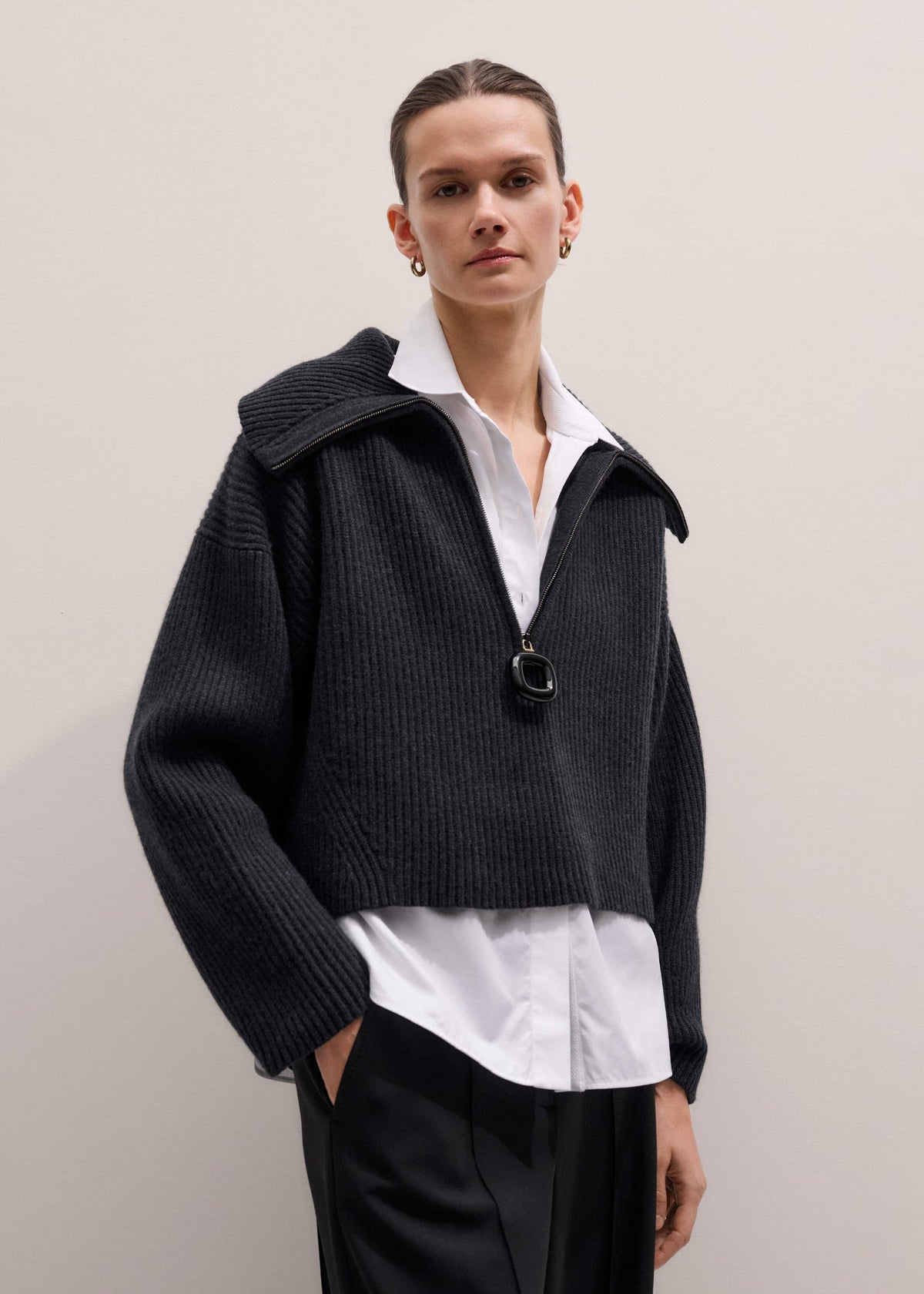 Grey Relaxed Fly Neck Zip Jumper | ME+EM Clothing