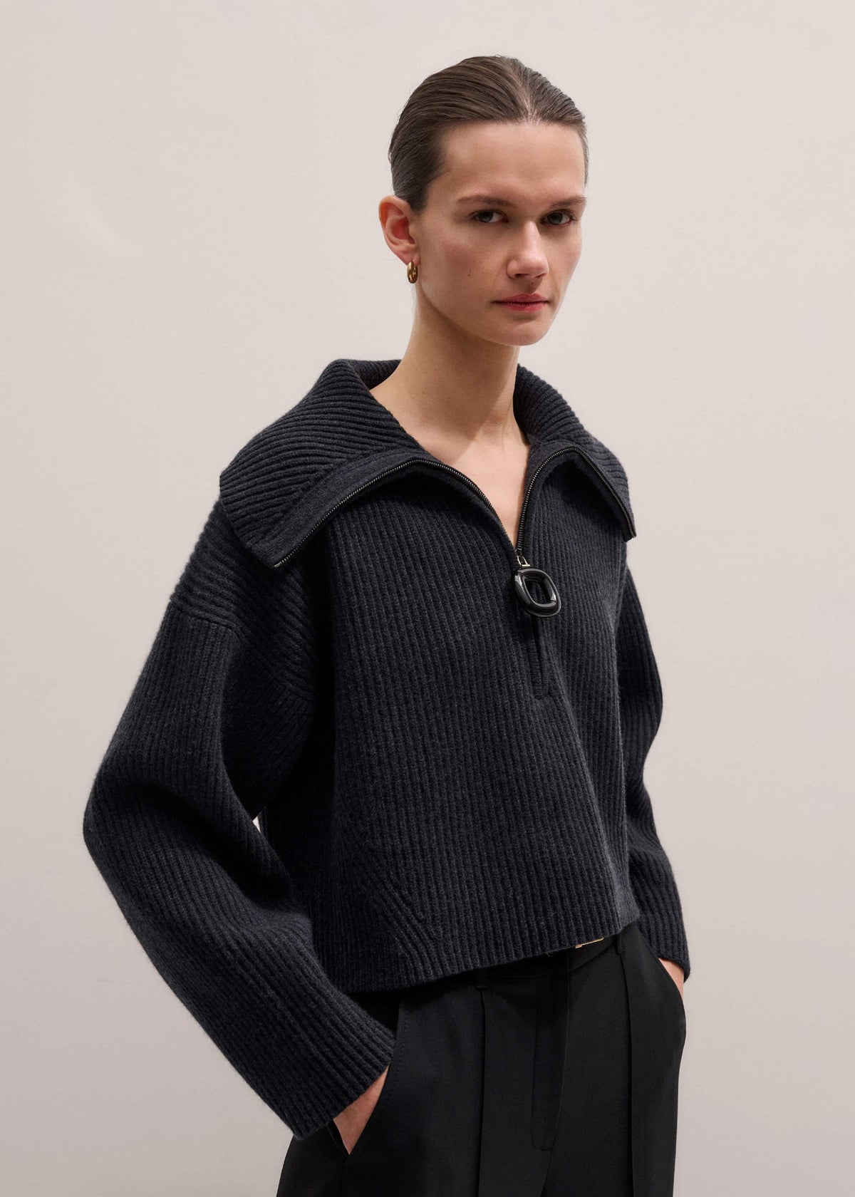 Grey Relaxed Fly Neck Zip Jumper | ME+EM Clothing
