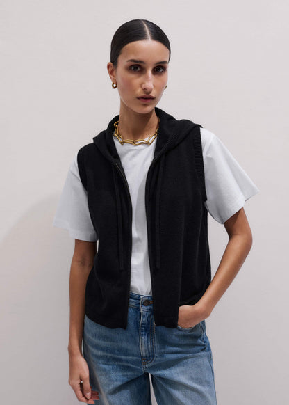 Black Cashmere Sleeveless Relaxed Zip Hoodie | ME+EM Clothing