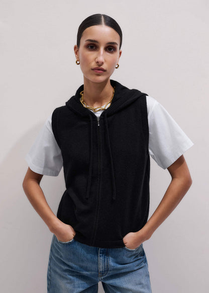 Black Cashmere Sleeveless Relaxed Zip Hoodie | ME+EM Clothing