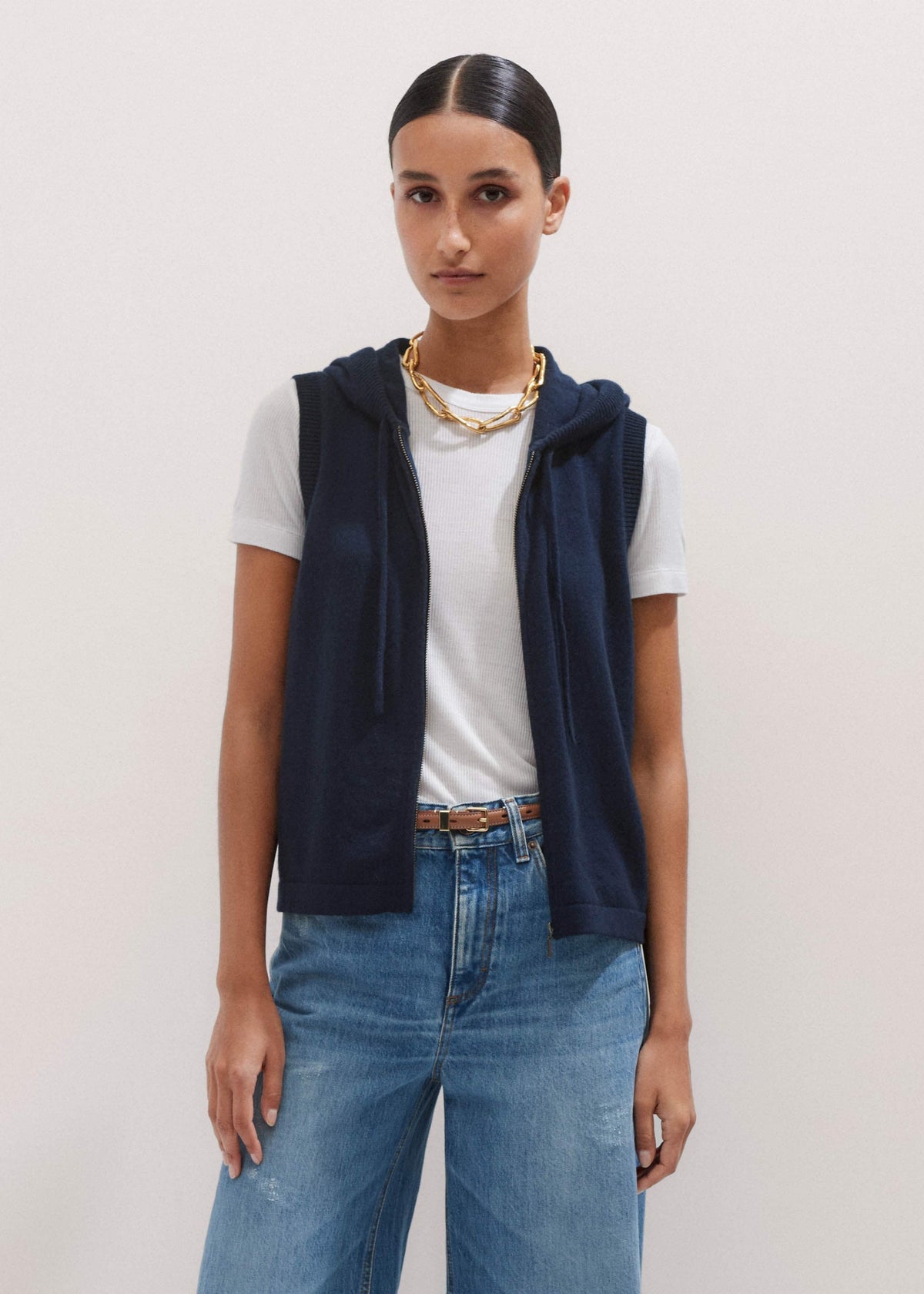 Navy Icon Cashmere Sleeveless Blazer Hoodie | Knitwear | ME+EM Clothing