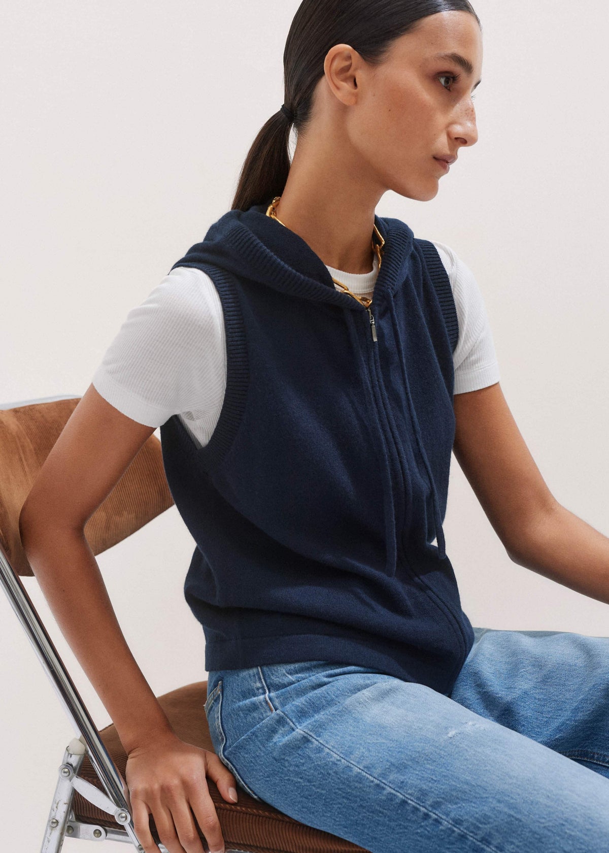 Navy Icon Cashmere Sleeveless Blazer Hoodie | Knitwear | ME+EM Clothing