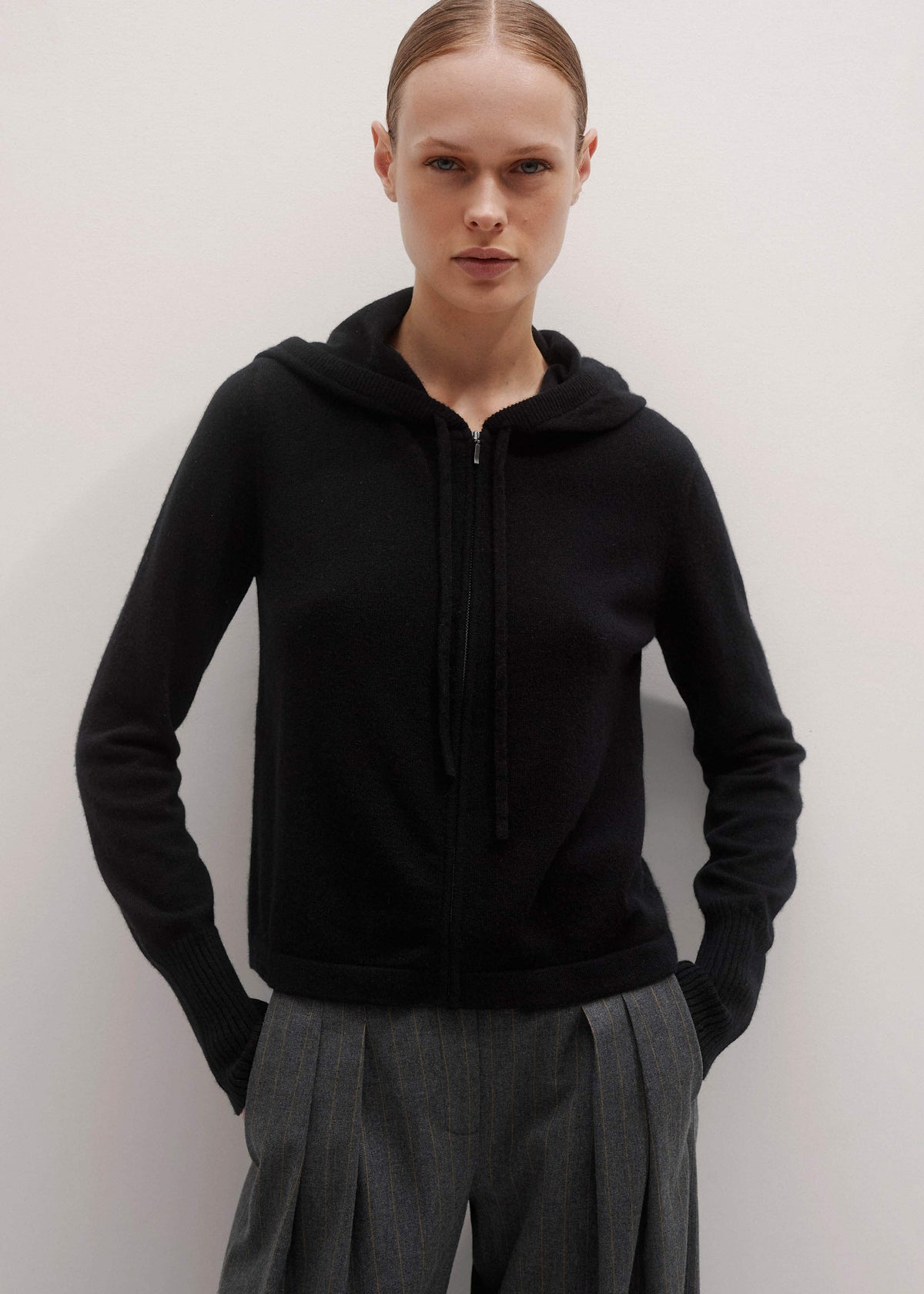 Black Cashmere Relaxed Fit Box Zip Hoodie | ME+EM Clothing