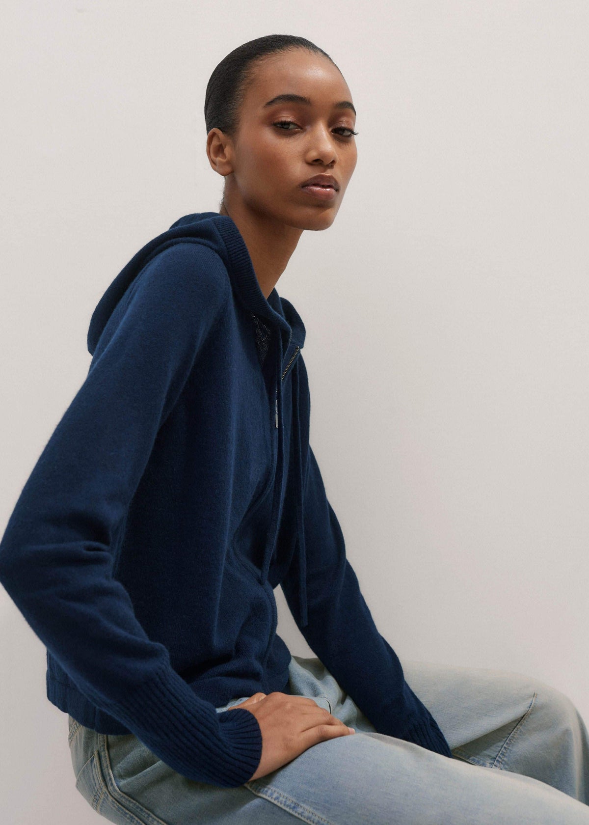 Navy Cashmere Relaxed Fit Box Zip Hoodie | ME+EM Clothing