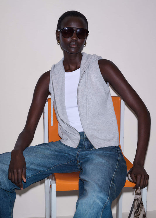 Gray Cashmere Sleeveless Relaxed Zip Hoodie | ME+EM Clothing