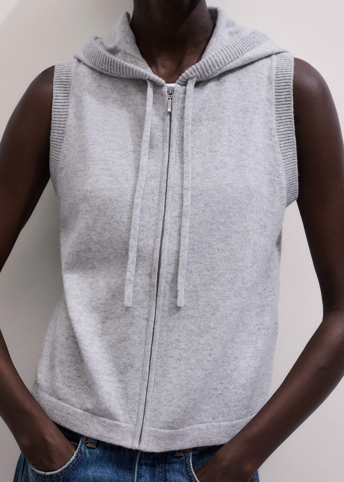 Gray Cashmere Sleeveless Relaxed Zip Hoodie | ME+EM Clothing