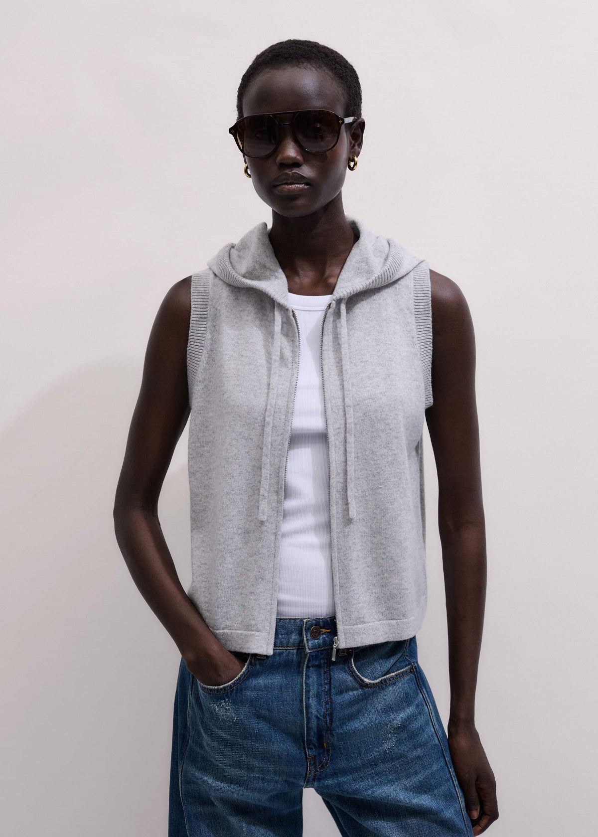 Gray Cashmere Sleeveless Relaxed Zip Hoodie | ME+EM Clothing