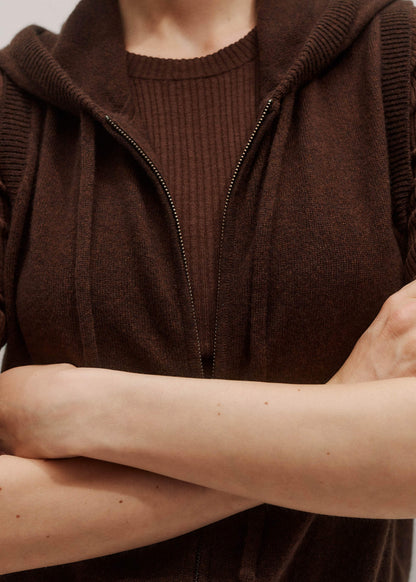 Brown Cashmere Sleeveless Relaxed Zip Hoodie | ME+EM Clothing