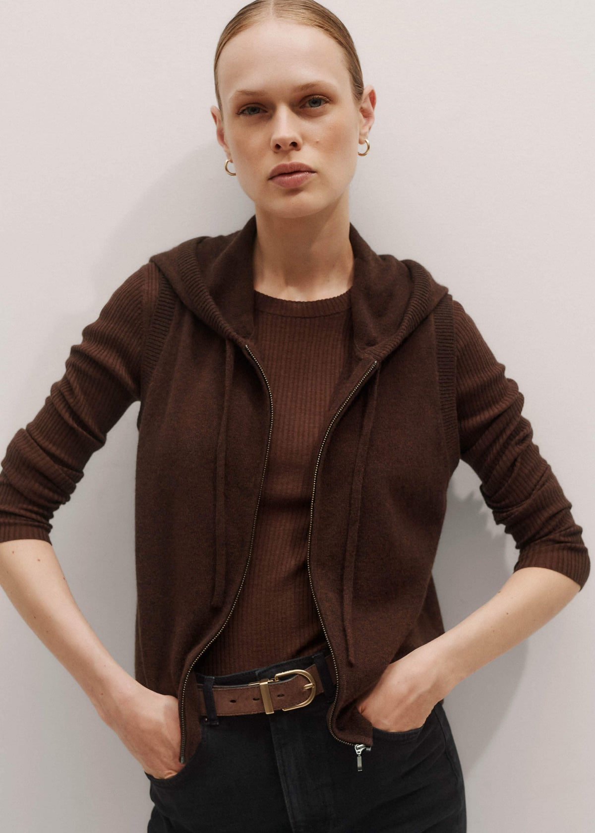 Brown Cashmere Sleeveless Relaxed Zip Hoodie | ME+EM Clothing