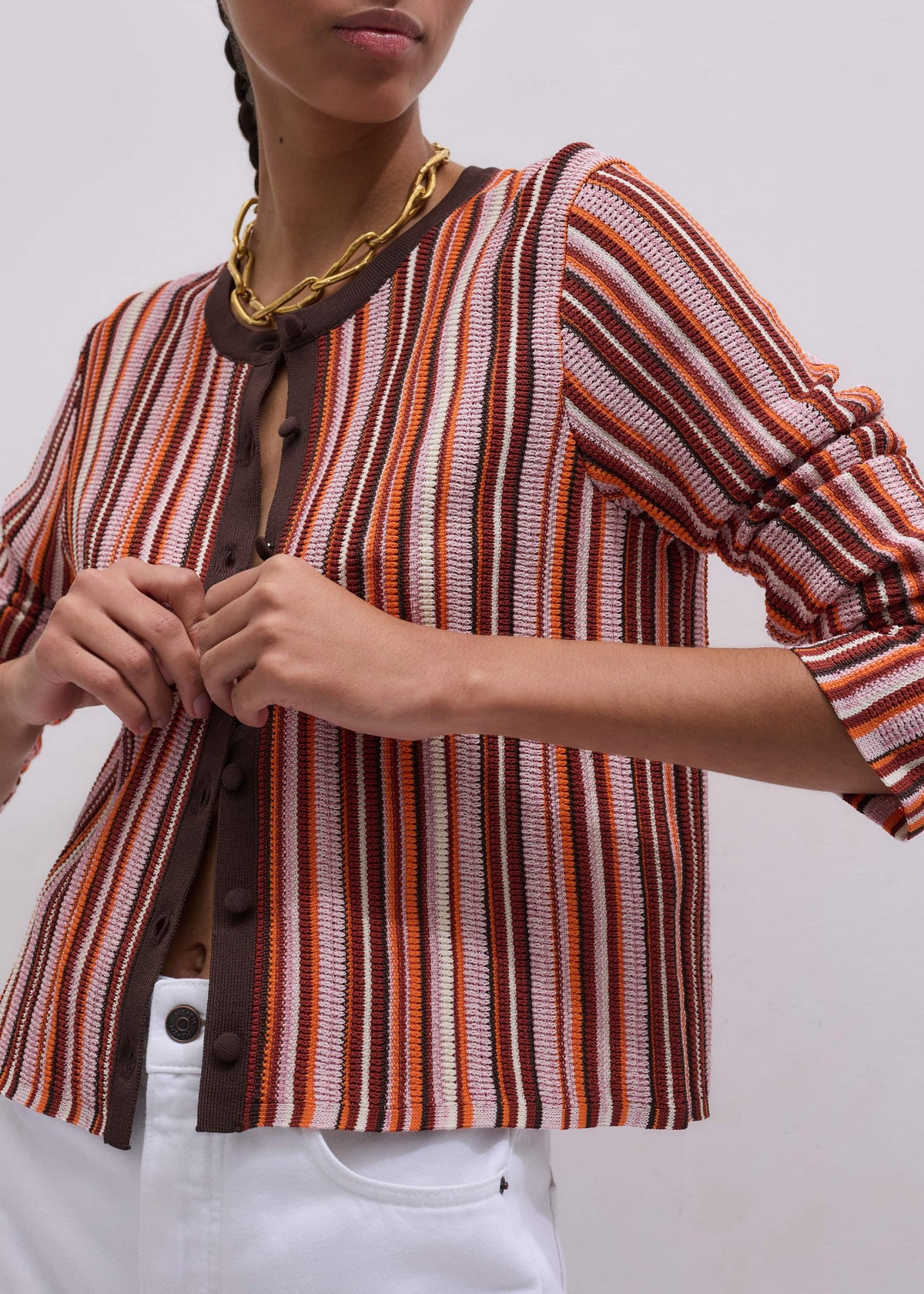 Cinnamon Brown Metallic Stripe Cardigan | ME+EM Clothing