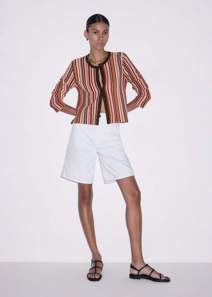Cinnamon Brown Metallic Stripe Cardigan | ME+EM Clothing
