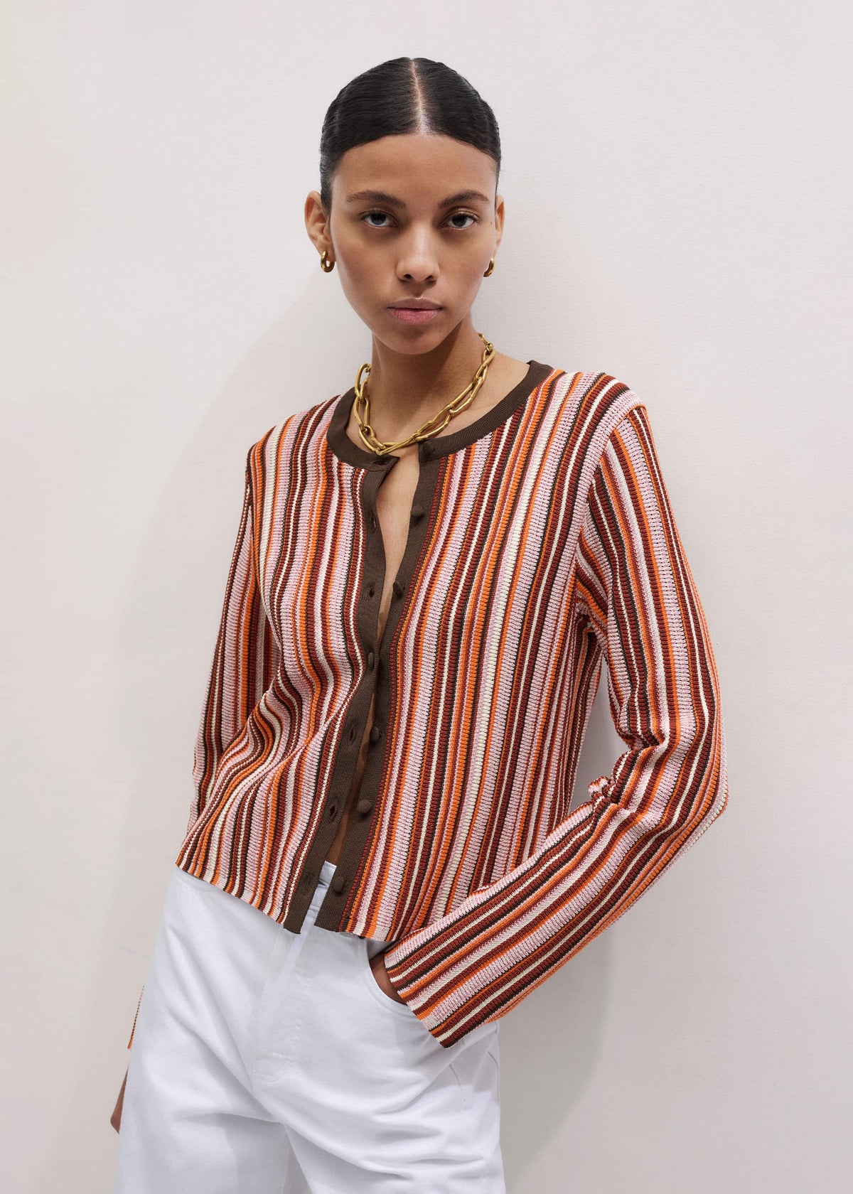 Cinnamon Brown Metallic Stripe Cardigan | ME+EM Clothing