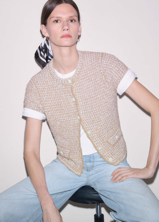 Cream Tweed Knit Pouf Shoulder Textured Crop Jacket | ME+EM Clothing