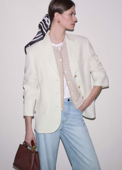 Cream Tweed Knit Pouf Shoulder Textured Crop Jacket | ME+EM Clothing