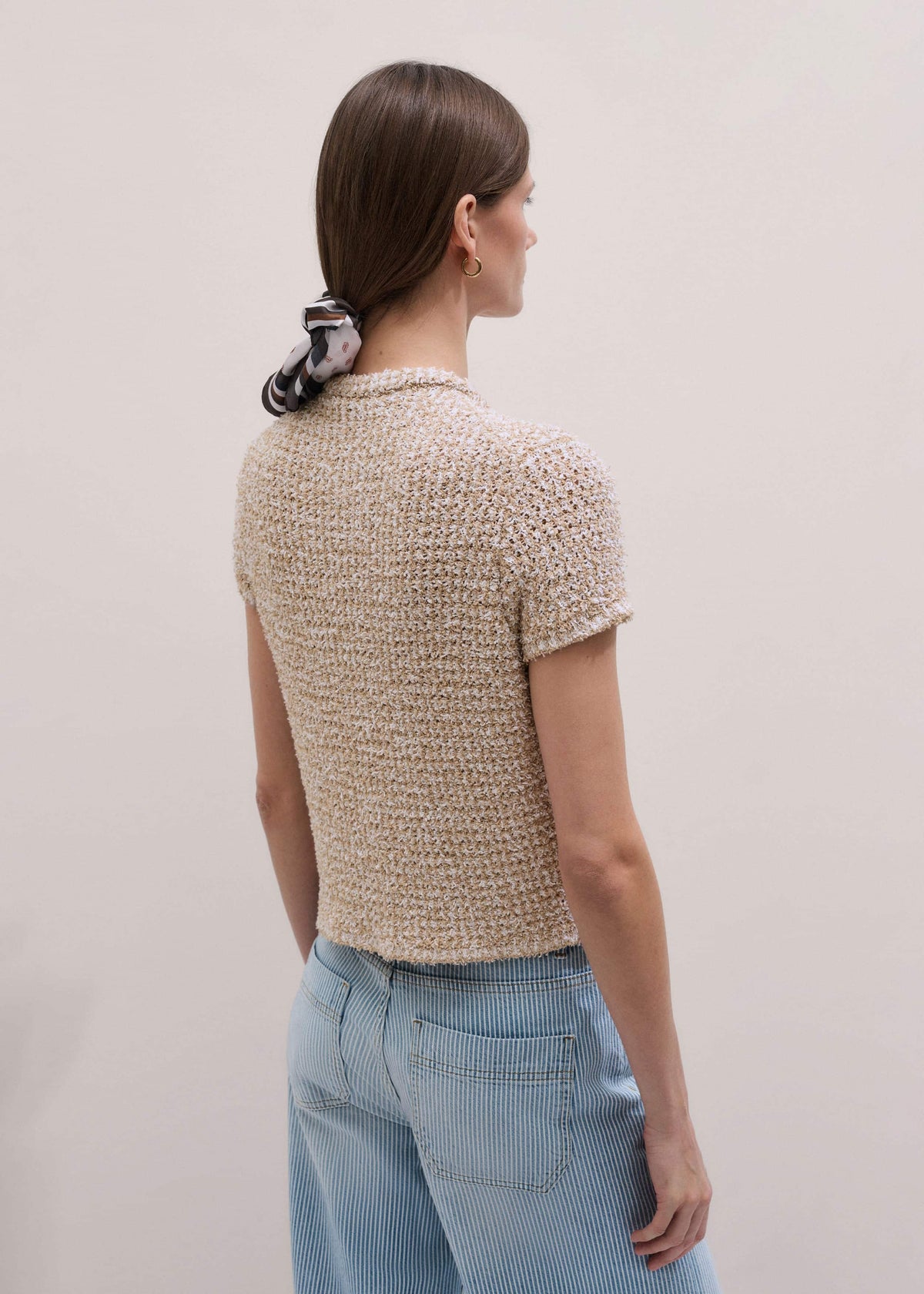 Cream Tweed Knit Pouf Shoulder Textured Crop Jacket | ME+EM Clothing
