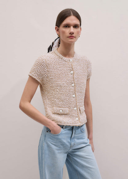Cream Tweed Knit Pouf Shoulder Textured Crop Jacket | ME+EM Clothing