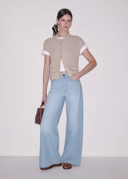 Cream Tweed Knit Pouf Shoulder Textured Crop Jacket | ME+EM Clothing