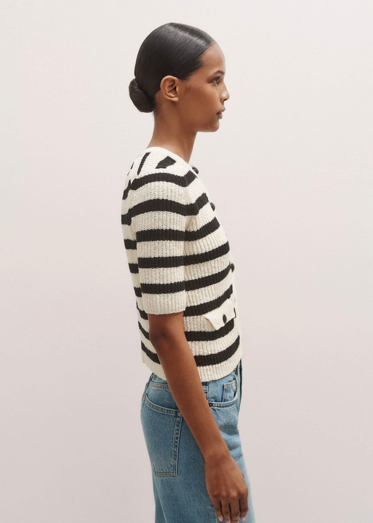 Cream Bouclé Stripe Short Sleeve Cardigan | ME+EM Clothing