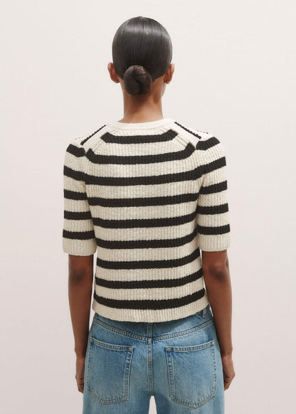 Cream Bouclé Stripe Short Sleeve Cardigan | ME+EM Clothing