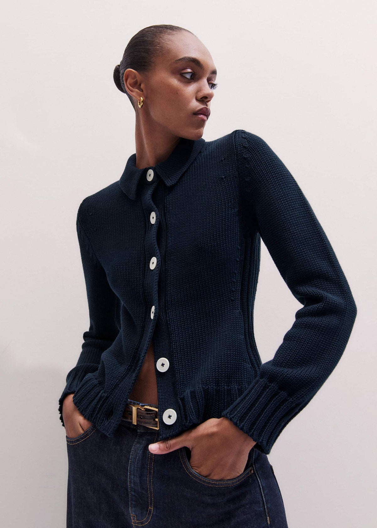 Navy Slim Collared Cardigan | ME+EM Clothing